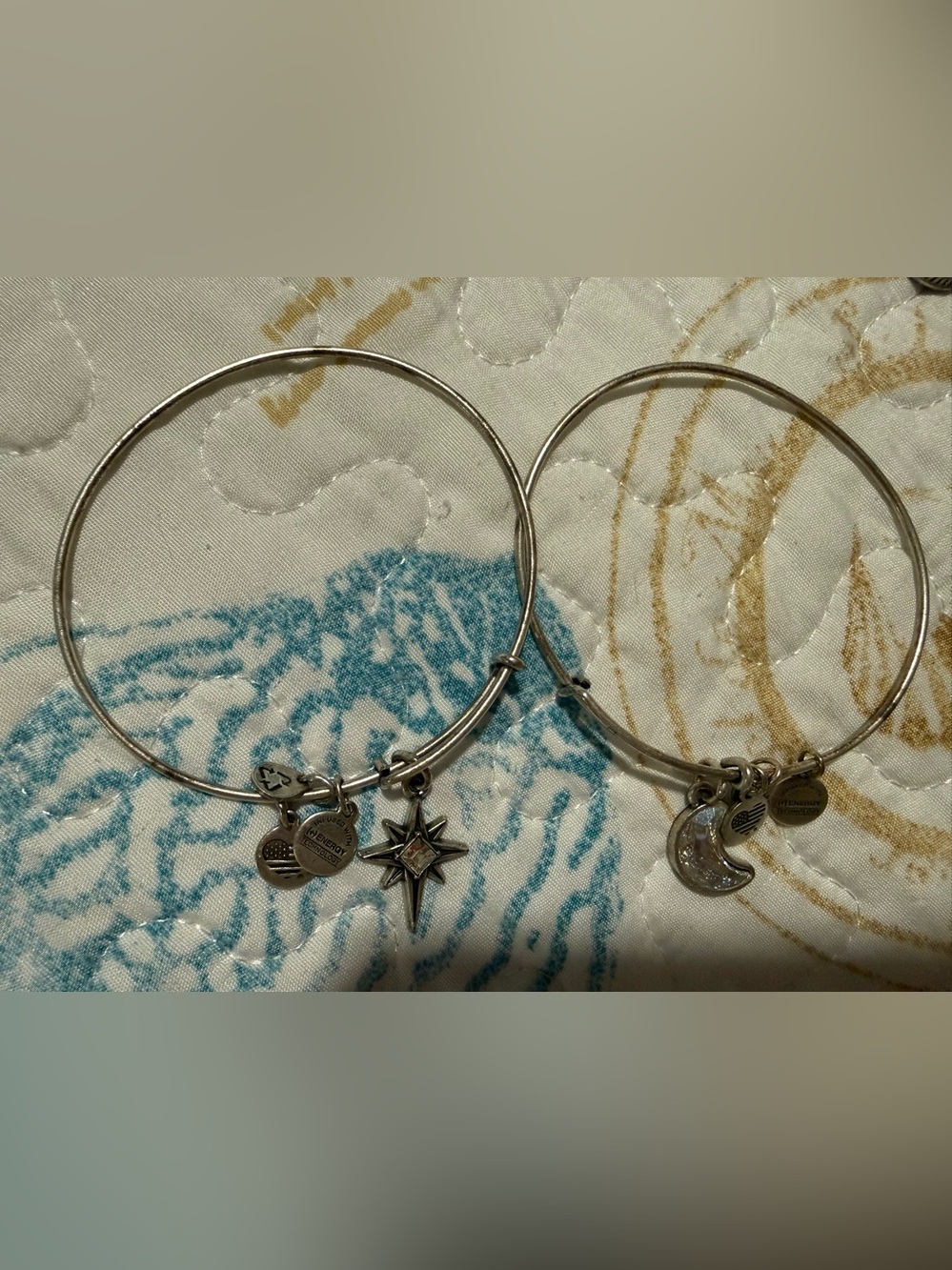 Alex and Ani 2 Silver Charm Bangle Bracelets with Star and Moon Charms